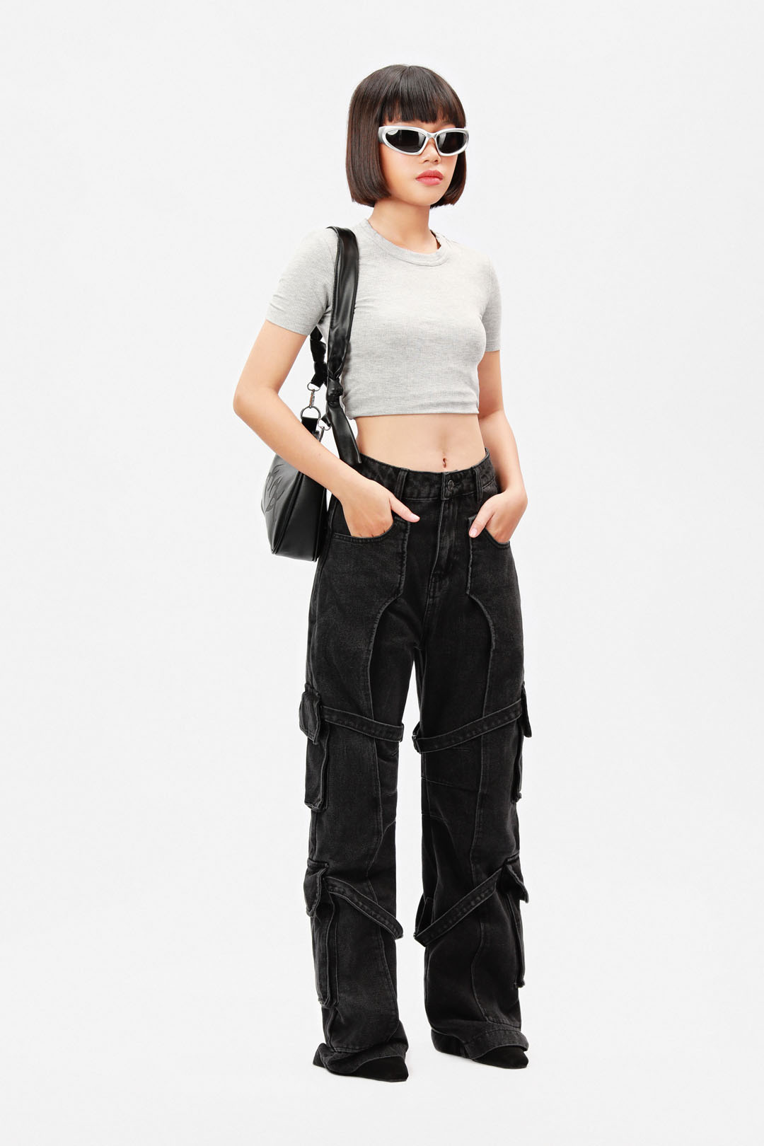 【KOOLOSET】Big Cargo Snap Banding Denim Edvintorg Girls Jeans Denim Elastic High Waisted Wide Leg